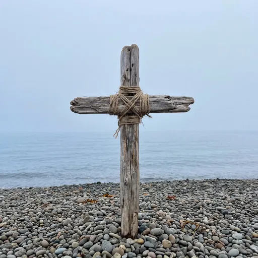 Weathered Driftwood Cross on Pebble Beach