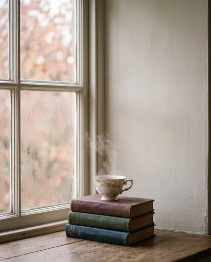Steaming Teacup on Vintage Books by Window