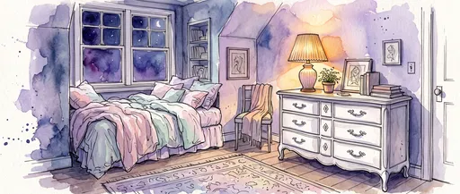 Watercolor Cozy Pastel Bedroom At Night