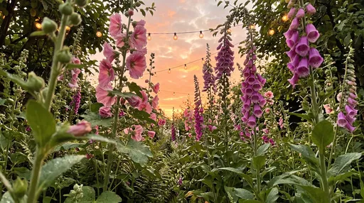 Hollyhocks and Foxgloves in Sunrise Garden