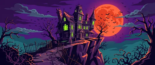 Spooky Haunted Mansion on Cliff at Night