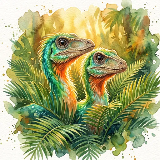 Watercolor Illustration of Two Feathered Dinosaurs