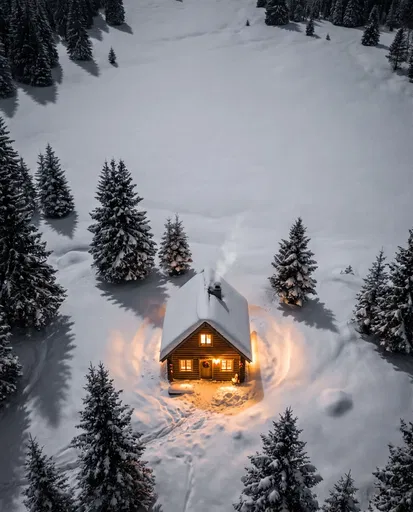 Aerial View of Snowy Cabin at Night