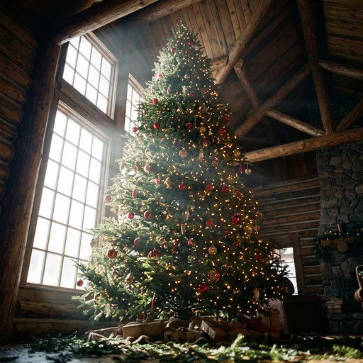 Tall Christmas Tree in Rustic Lodge
