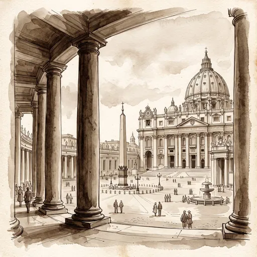 Sepia Watercolor Sketch of Saint Peter's Basilica