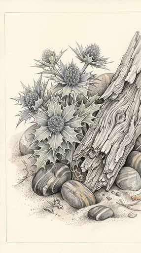 Coastal Sea Holly and Driftwood Drawing