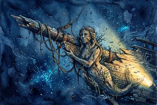 Watercolor Underwater Shipwreck Mermaid Figurehead