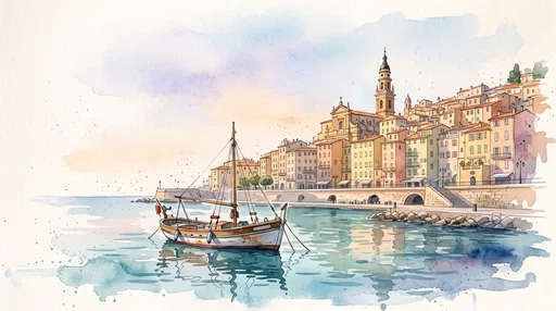 Watercolor Harbor Scene of Menton France