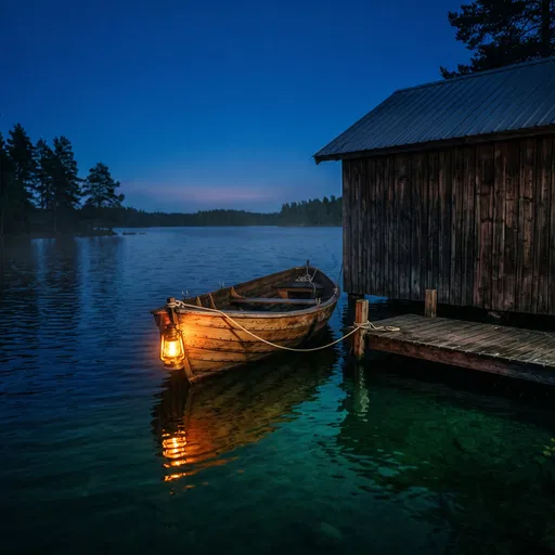 Wooden Rowboat with Glowing Lantern at Night
