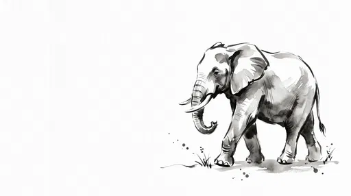 Monochrome Ink Wash Walking Elephant Illustration