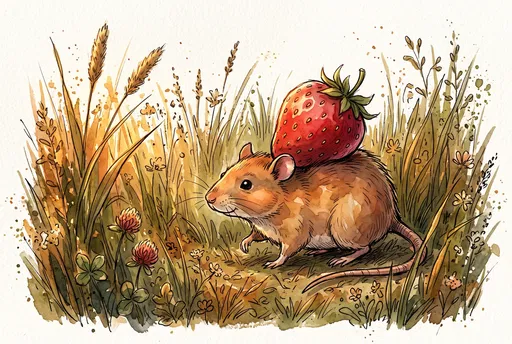Watercolor Mouse Carrying Strawberry in Meadow