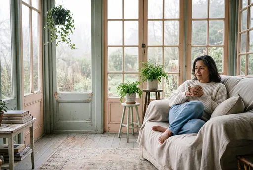 Woman Relaxing With Mug in Sunporch