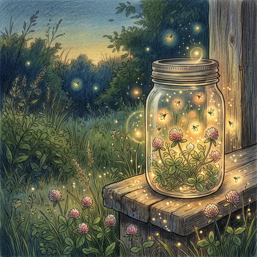 Glowing Fireflies and Clover in Jar Illustration