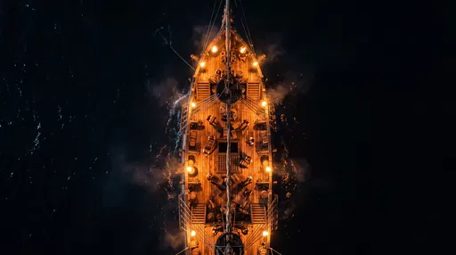 Illuminated Wooden Pirate Ship at Night