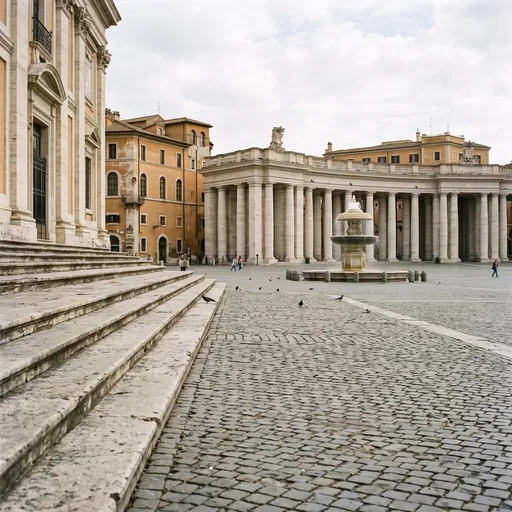 Historic European Plaza with Colonnade and Fountain