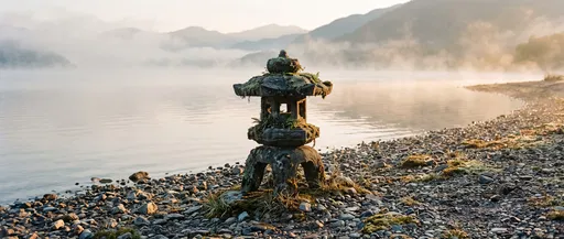 Mossy Stone Lantern by Misty Lake