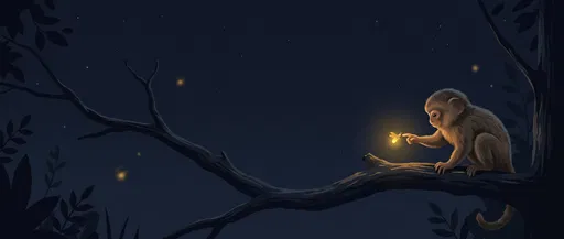 Monkey Touching Glowing Firefly at Night