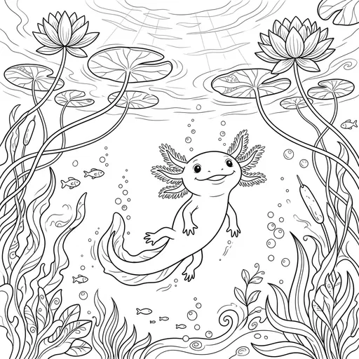 Cheerful Axolotl Underwater Coloring Page