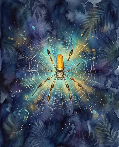 Watercolor Golden Silk Spider in Web
