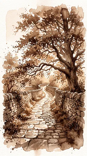 Sepia Watercolor Winding Stone Footpath