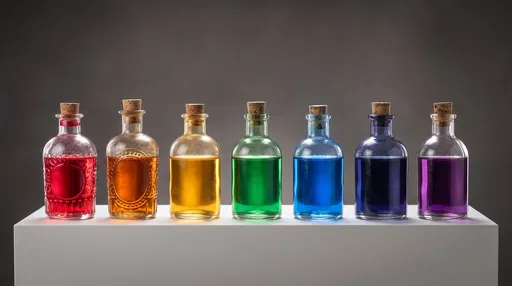 Seven Rainbow Apothecary Bottles on Plinth