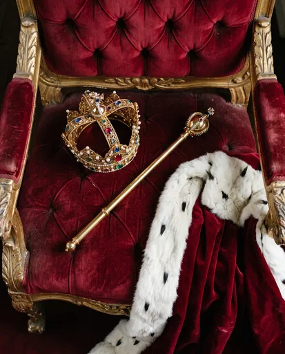 Royal Crown and Sceptre on Velvet Throne