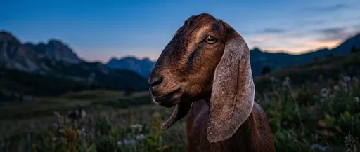 Nubian Goat Portrait in Alpine Twilight