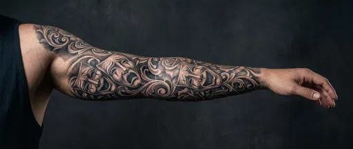 Man With Chicano Theater Mask Sleeve Tattoo