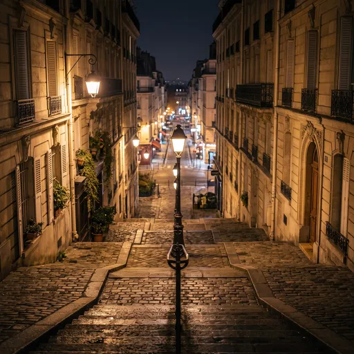 Illuminated Parisian Cobblestone Steps at Night