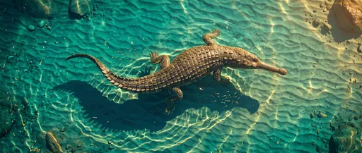 Top-Down Gharial in Shallow Turquoise Water