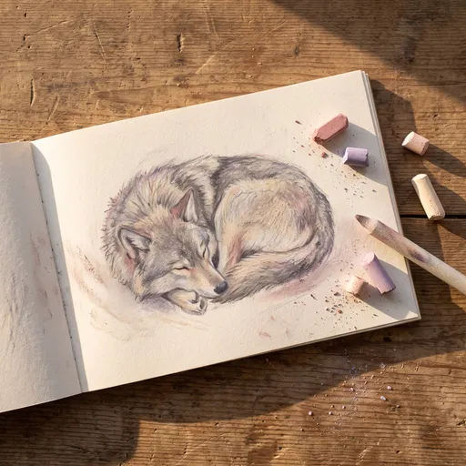 Pastel Wolf Drawing in Open Sketchbook