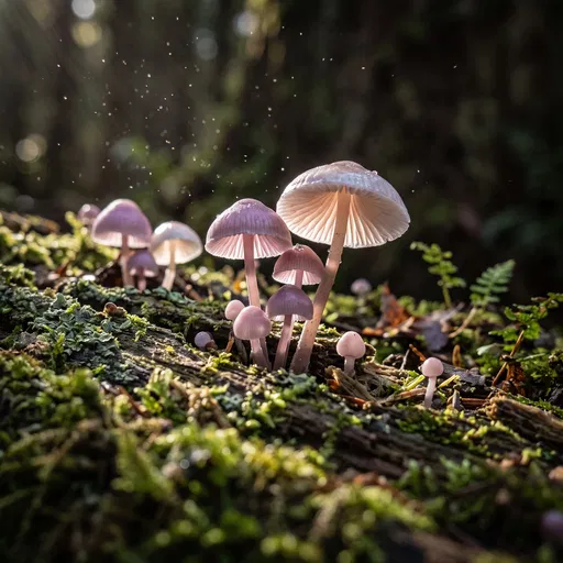 Translucent Purple Mushrooms on Mossy Forest Log