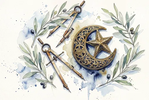 Watercolor Crescent Moon Emblem and Compasses