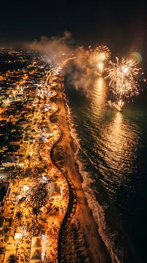 Aerial View of Coastal Fireworks Celebration