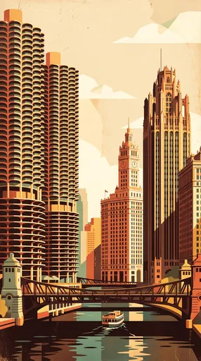 Vintage Chicago Skyline River Illustration