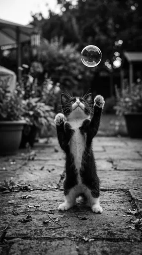 Tuxedo Kitten Reaching for Floating Bubble