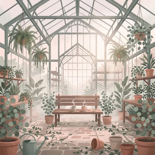 Cozy Greenhouse Illustration with Two Mugs