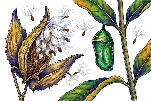 Milkweed Pod and Monarch Chrysalis Illustration