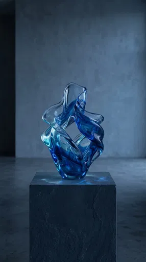 Abstract Blue Blown Glass Sculpture on Pedestal