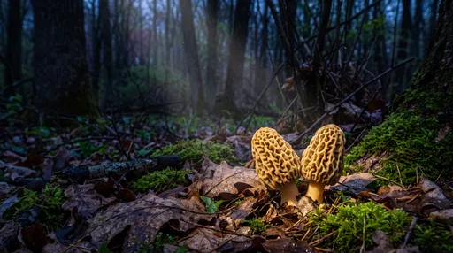 Pair of Yellow Morel Mushrooms in Forest