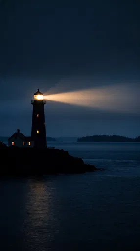 Coastal Lighthouse Beacon Shining at Night