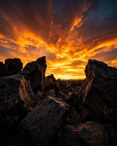 Fiery Sunset Over Dark Volcanic Boulders