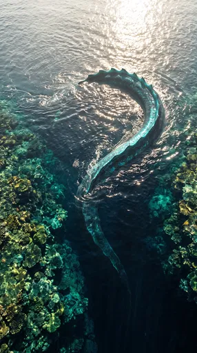 Sea Serpent Swimming Over Coral Trench