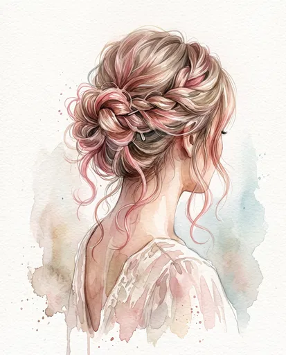 Watercolor Woman With Pink Braided Updo