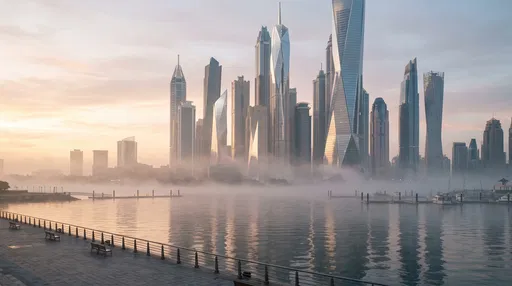 Modern City Skyline at Misty Sunrise