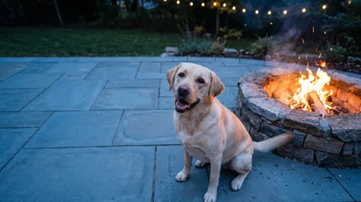 Yellow Labrador Sitting by Backyard Firepit