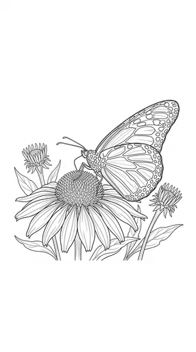 Monarch Butterfly on Echinacea Coloring Page