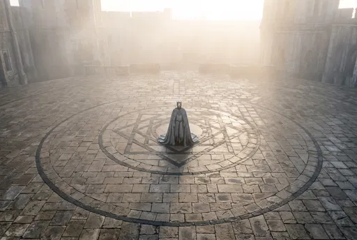 Masked King in Misty Stone Courtyard