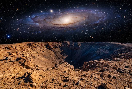 Spiral Galaxy Over Rocky Crater Rim