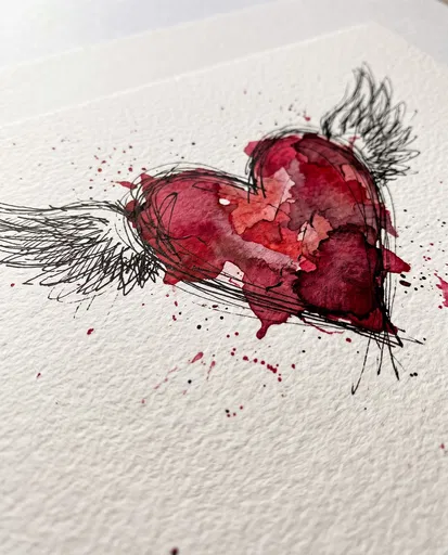 Watercolor Winged Heart Sketch on Paper